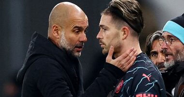 Jack Grealish looks distraught after the Man City star is substituted with an injury during their Champions League clash against FC Copenhagen