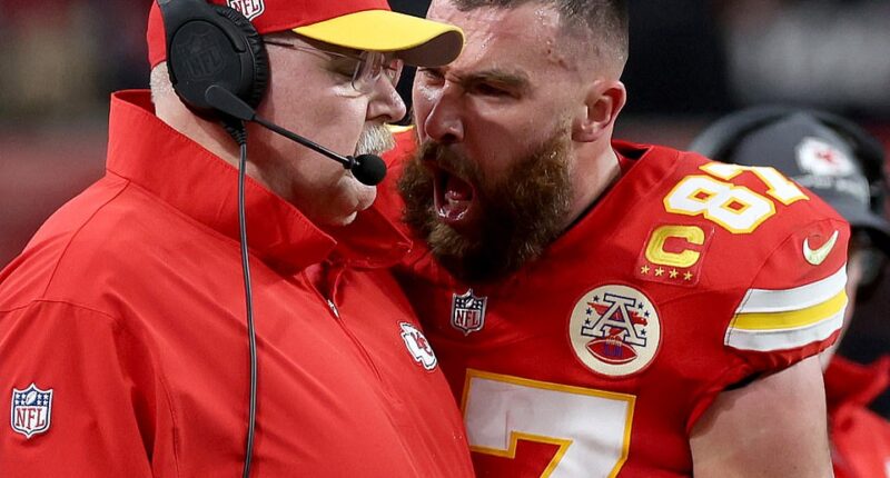 Travis Kelce had a moment of madness as he screamed at his coach Andy Reid in the second quarter of the Super Bowl