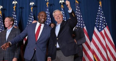 Senator Lindsey Graham (right) and Senator Tim Scott (right) after Trump won the primary in their state. Graham was booed by the rowdy crowd at Trump's victory speech when the former president mentioned he was there