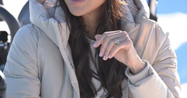Meghan Markle made a dazzling appearance in the Whistler ski resort in British Colombia yesterday, thanks to the reappearance of her £140,000 engagement ring