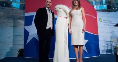 Melania Trump with Herve Pierre in October 2017 when she donated her inaugural gown  to the Smithsonian's First Ladies Collection at the Smithsonian National Museum of American History