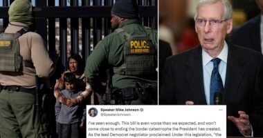 House Speaker Mike Johnson has joined other Republicans who have already deemed the bipartisan Senate border deal 'dead on arrival' and dubbed the proposal 'worse than expected.' Three chief negotiators for the border security package, Sens. James Lankford (R-Okla.), Kyrsten Sinema (I-Ariz.) and Chris Murphy (D-Conn.), unveiled the text of the sprawling deal on Sunday. But Republican infighting is likely to tank the compromise as Senate Majority Leader Chuck Schumer plans to bring the first procedural vote to the floor on Wednesday.