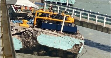 The structure crumbled under the immense weight of the vessel, with clips shared by shocked holidaymakers showing how the concrete cracked and splintered under the stress as part of the pier collapsed inward