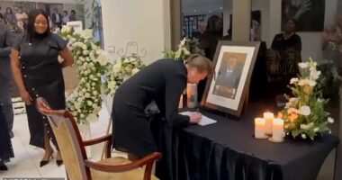 This is the moment a sombre Princess Anne signed a book of condolence for Namibia's late President Hage Geingob following his death aged 82