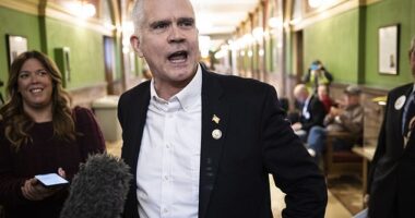 Rep. Matt Rosendale speaking to reporters in Montana on February 9 after filing to run for US Senate