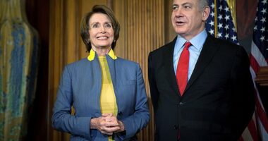 Pelosi, then House Minority Leader, is pictured above with Israeli President Benjamin Netanyahu in 2021 at the U.S. Capitol