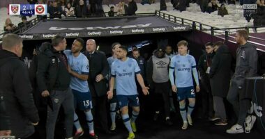 Kevin Nolan (left) is confronted Neal Maupay (centre) as the teams emerged after half-time