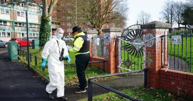 Police and forensic offers at Rawnsley Park near to the scene in the St Philips area of Bristol where a 16-year-old boy has died