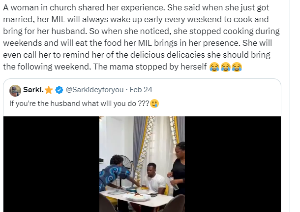 Newly married woman devises unique means to ?deal? with her mother in-law who was in the habit of bringing food to her husband every weekend