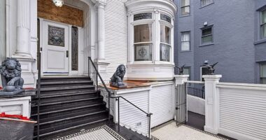 The front of the house is seen in its current state with black steps, a black and white tiled floor, two lion statues and a big white front door. The second image shows the virtual renovation (left)