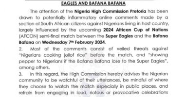 AFCON: Nigerian High Commission issues security advisories to Nigerians in South Africa ahead of Super Eagles and Bafana Bafana match