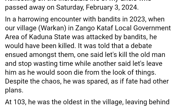 Oldest man in Kaduna community passes away at 103 after bandits spared his life