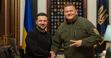President Volodymyr Zelensky (L) shaking hands with Commander-in-Chief of the Armed Forces of Ukraine Valerii Zaluzhnyi