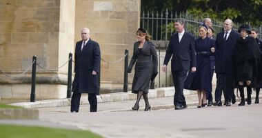 Prince Andrew was seen leading members of the Royal Family at a service of thanksgiving at Windsor Castle for the late King Constantine of Greece