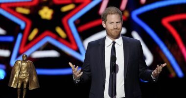 Prince Harry makes gag-filled speech at Las Vegas NFL awards bash in first public words since his father King Charles was diagnosed with cancer - but makes NO mention of his father or his cross-Atlantic dash to spend 45 minutes with him