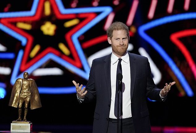 Prince Harry makes gag-filled speech at Las Vegas NFL awards bash in first public words since his father King Charles was diagnosed with cancer - but makes NO mention of his father or his cross-Atlantic dash to spend 45 minutes with him