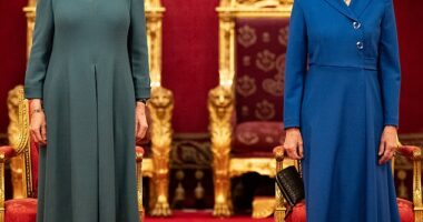 Queen Camilla (pictured left), 76, and the Duchess of Gloucester (right), 77, hosted the presentation ceremony for the Queen's Anniversary Prizes for Higher and Further Education, the day after the King, 75, was pictured meeting the Prime Minister face-to-face