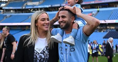 Former Manchester City winger Riyad Mahrez celebrates with his wife Taylor Ward and their young daughter Mila