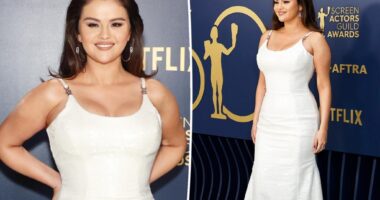 Selena Gomez keeps bridal white vibes going on 2024 SAGs red carpet