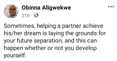 Sometimes, helping a partner achieve his/her dream is laying the grounds for your future separation - Nigerian doctor says