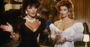 Joan Collins (left) and Stephanie Beacham starring in Dynasty, which aired throughout the 1980s