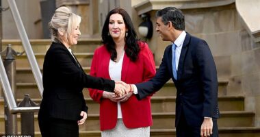 Sunak seals the powersharing deal amid Irish unity row: historic moment PM shakes hands with new Sinn Fein First Minister Michelle O'Neill ahead of showdown over republican's demand for referendum within a decade