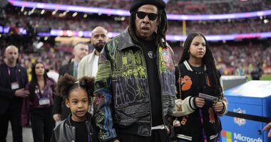 Jay-Z, 54, was pictured with his daughters Blue Ivy, 12, and Rumi, six, at Super Bowl LVIII at Allegiant Stadium in Las Vegas pitting the Kansas City Chiefs against the San Francisco 49ers.