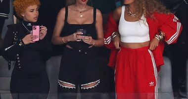 Blake Lively nearly stole the show at the 2024 Super Bowl on Sunday when she arrived with a set of stunning golden curls and a vibrant red track suit with her BFF Taylor Swift