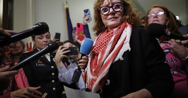 Susan Sarandon, 77, joined Squad member Rashida Tlaib on Thursday in a protest on Capitol Hill demanding for the US to stop 'funding genocide'