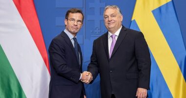 Hungary's Prime Minister Viktor Orban (R) and Swedish Prime Minister Ulf Kristersson (L) shake hands after a press conference following their meeting in February 23, 2024 in Budapest, Hungary.