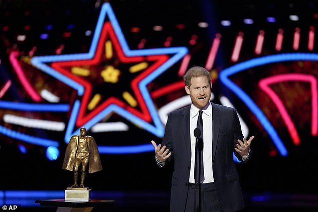 Prince Harry has returned to the United States to hand out an NFL award just a day after leaving the UK following a short meeting with his cancer-stricken father King Charles III