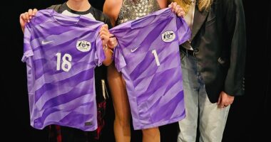Australian soccer legends The Matildas have partnered with Nike to launch a new goalkeeper jersey available in stores now. US pop star Pink was given the first one. Pictured: Pink (centre) with her daughter Willow and Matildas goalkeeper Lydia Williams