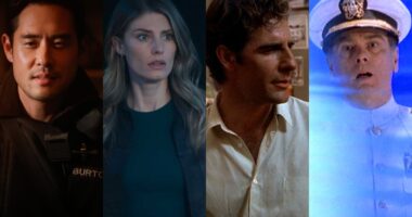 A collage of images of characters from the new and original Quantum Leap. From left to right, Ben, Addison, Sam, and Al.