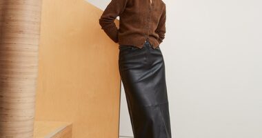 Recycled wool cardigan, now £83, and leather skirt, £429, baukjen.com