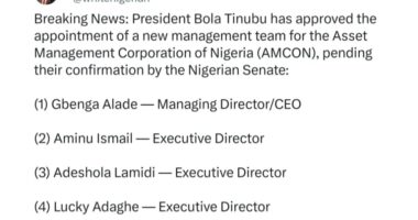 Tinubu appoints new AMCON CEO, names three executive directors