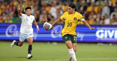 Aussie football stars (Sam Kerr is pictured playing for the Matildas) have had information including their passport details exposed