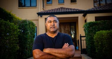 Wallabies legend Toutai Kefu (pictured outside his home) suffered critical wounds to his abdomen when he was stabbed during the attack