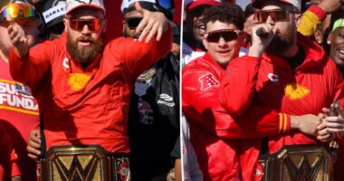 Travis Kelce drunkenly belts out Super Bowl-inspired song at Chiefs parade while Patrick Mahomes holds him up