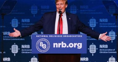 Former President Donald Trump compared his domestic political opponents to foreign enemies who fought the U.S. in the Second World War to 'extinguish our way of life'. In a fiery speech to the National Religious Broadcasters International Christian Media Convention in Nashville he said the greatest threat to America is from the 'sick' people within and not American adversaries abroad.