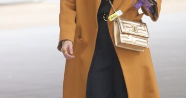 Vicky McClure, 40, cut a stylish figure in an orange coat and a bright gold bag outside the BBC Radio 2 studios in London on Saturday