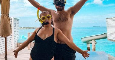 Hannah Bird, 25, from Weston-super-Mare, North Somerset, and her husband Charlie Camper, 24, who go on 10 holidays a year, love a lie in and say they prefer to spend money making memories and being a 'bit selfish' (pictured in the Maldives)