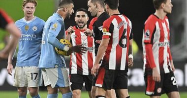 Brentford striker Neal Maupay (centre) was at the heart of controversy yet again after being seen in a verbal spat with Man City captain Kyle Walker (second from the left) on Monday night