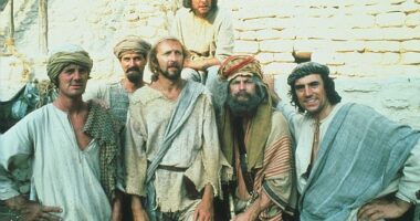 Eric Idle at the back, and from left, Michael Palin, John Cleese, Graham Chapman, Terry Gilliam and Terry Jones in Monty Python's Life Of Brian, 1979