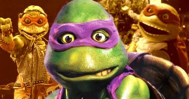 Donatello from Teenage Mutant Ninja Turtles II: Secret of the Ooze stands in front of Michaelangelo.