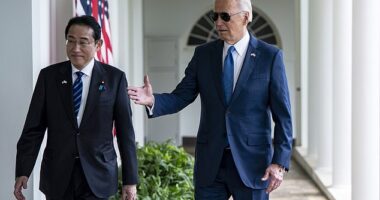 President Joe Biden (right) said he was 'considering' ending the prosecution of Julian Assange at Australia's request He answered a question about it as he walked Japanese Prime Minister Fumio Kishida (left) into the Oval Office Wednesday