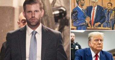 Eric Trump joined his father for the first time at his New York criminal trial on Tuesday morning and offered a withering assessment of what he saw. 'There are hundreds of law enforcement officers, the streets are closed down for blocks around the courthouse and the entire district attorneys office is in attendance ¿ their top prosecutors, all for $130,000 payment by a lawyer in 2016?' he told DailyMail.com.