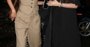 Eiza Gonzalez was the epitome of chic in a beige pinstriped co-ord as she was seen leaving the Chiltern Firehouse on Thursday night
