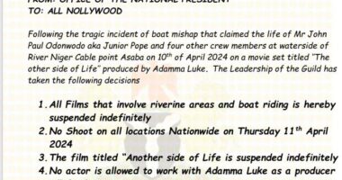 Jnr Pope: AGN suspends all movies involving riverine area and boat riding, bars actors from featuring in movies produced by Adamma Luke