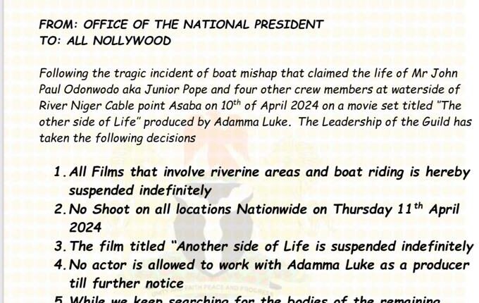 Jnr Pope: AGN suspends all movies involving riverine area and boat riding, bars actors from featuring in movies produced by Adamma Luke