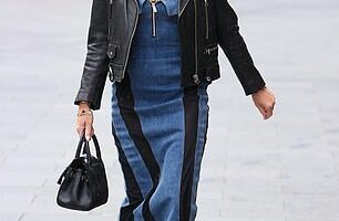 Amanda Holden showed off her incredible figure in a plunging denim dress while leaving Heart FM on Tuesday